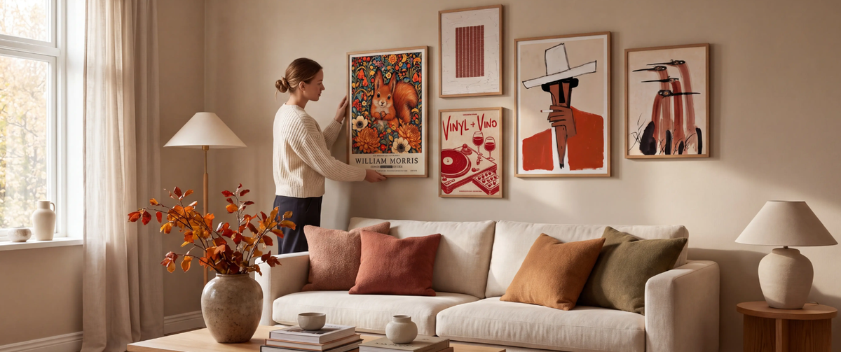 Kvinna som ställer en poster med en svart katt mot väggen bredvid ett ljust vardagsrum med inramade posters